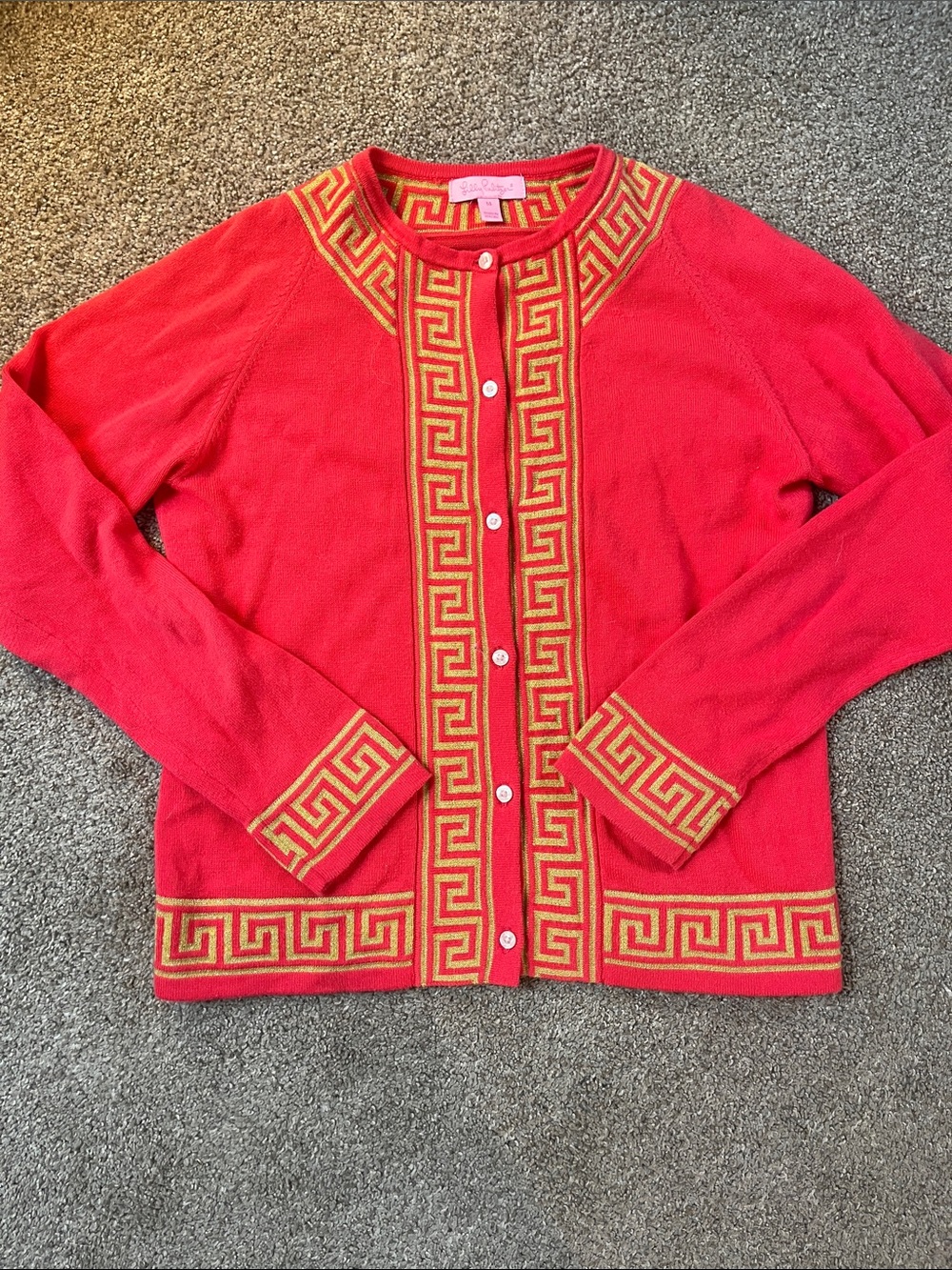 🔱🏺🇬🇷⛵️🔱Lilly Pulitzer “Greek Key” Vivid Coral Sparkling Gold Cardigan sz14